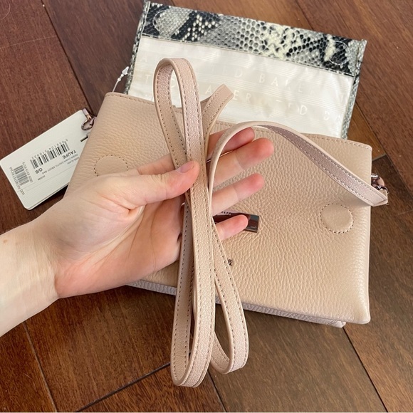NWT Ted Baker Alani Snake Embossed Leather Shoulder Bag Taupe Pink Chain Cross - Picture 11 of 15